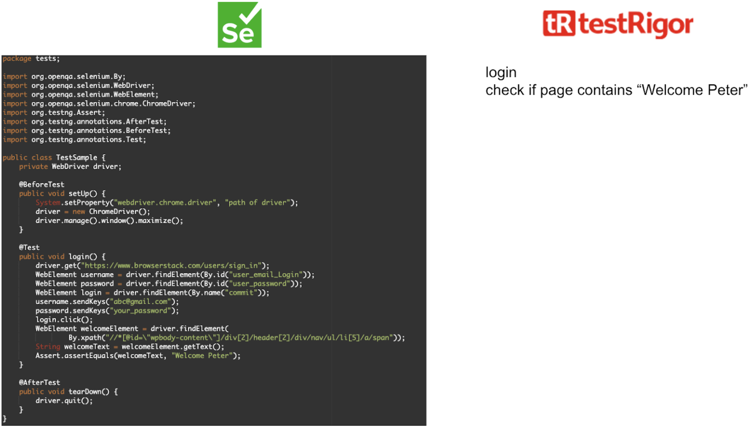 Difference of Selenium vs. testRigor Code