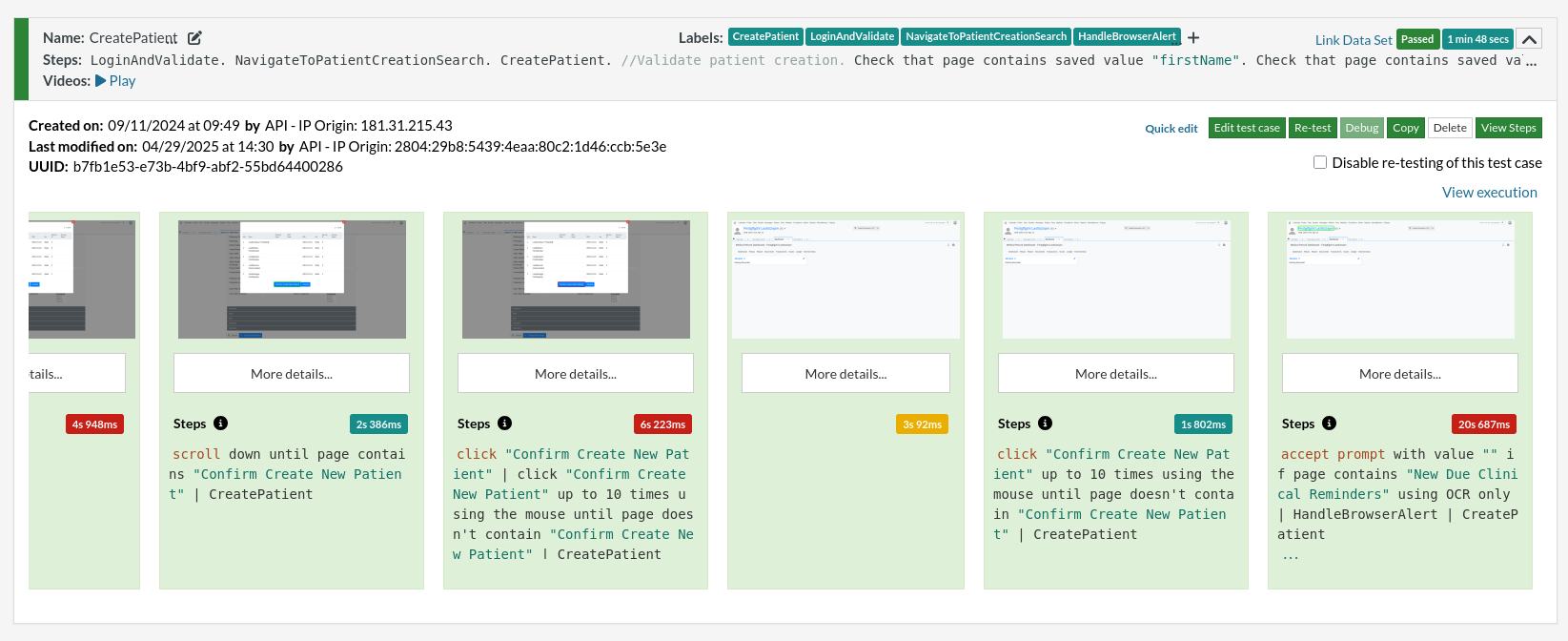 Execution results summary page