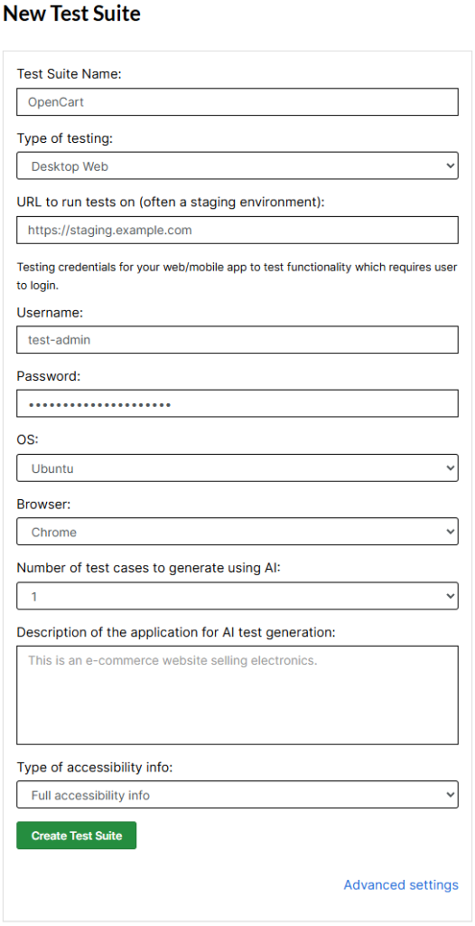 OpenCart testing suite setup in testRigor