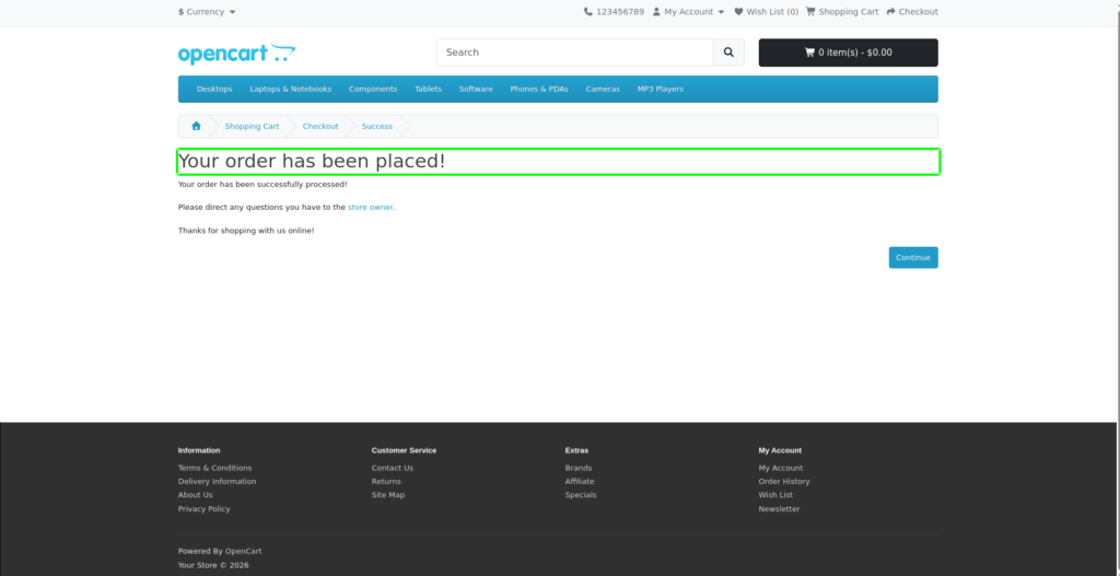 OpenCart testing order confirmation after guest checkout